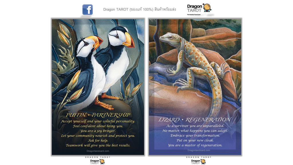 Two Dragon Tarot art cards displayed side-by-side on a white background. The left card, 'Puffin - Partnership', features two puffins with a black and white color palette.