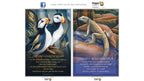 Two Dragon Tarot art cards displayed side-by-side on a white background. The left card, 'Puffin - Partnership', features two puffins with a black and white color palette.