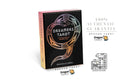 Dragon Tarot card deck box shown on a white background with promotional text and logos. The box is black with a pink top edge and a stylized dragon illustration in metallic-looking tones.