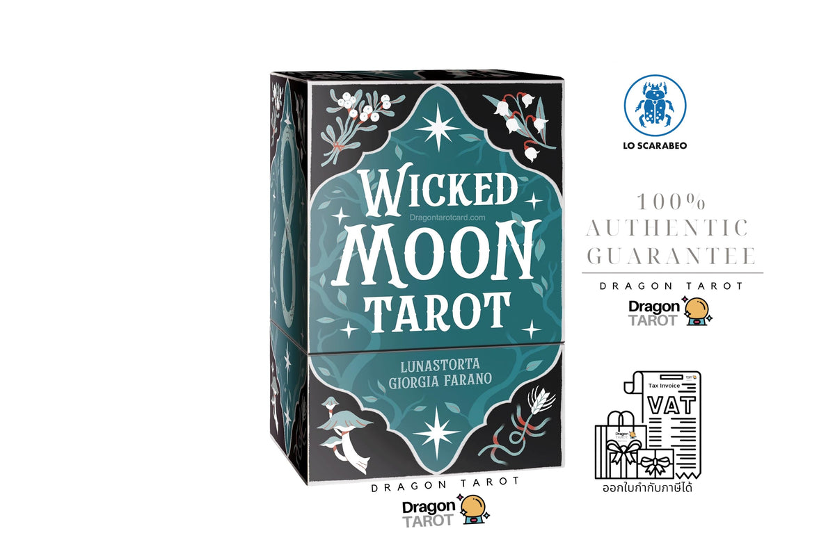 Dragon Tarot Wicked Moon Tarot card deck box shown on a white background with brand logos, Thai text, and a VAT icon. The box is teal and black with white lettering and decorative moon and dragon illustrations.