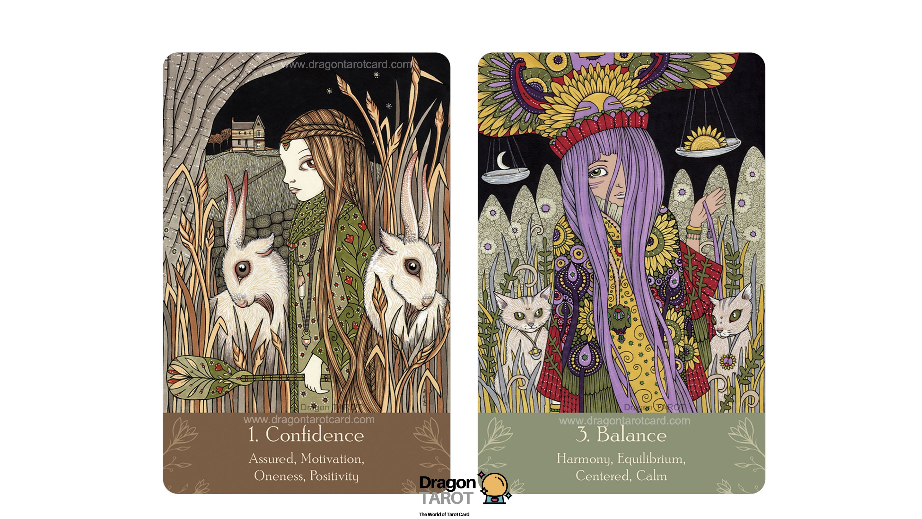 Two illustrated tarot cards shown side by side on a white background. The left card is titled 'I.