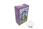 A purple box of Dragon Tarot Cat Tarot featuring an illustration of a tabby cat on the front, shown on a white background with promotional text and logos.