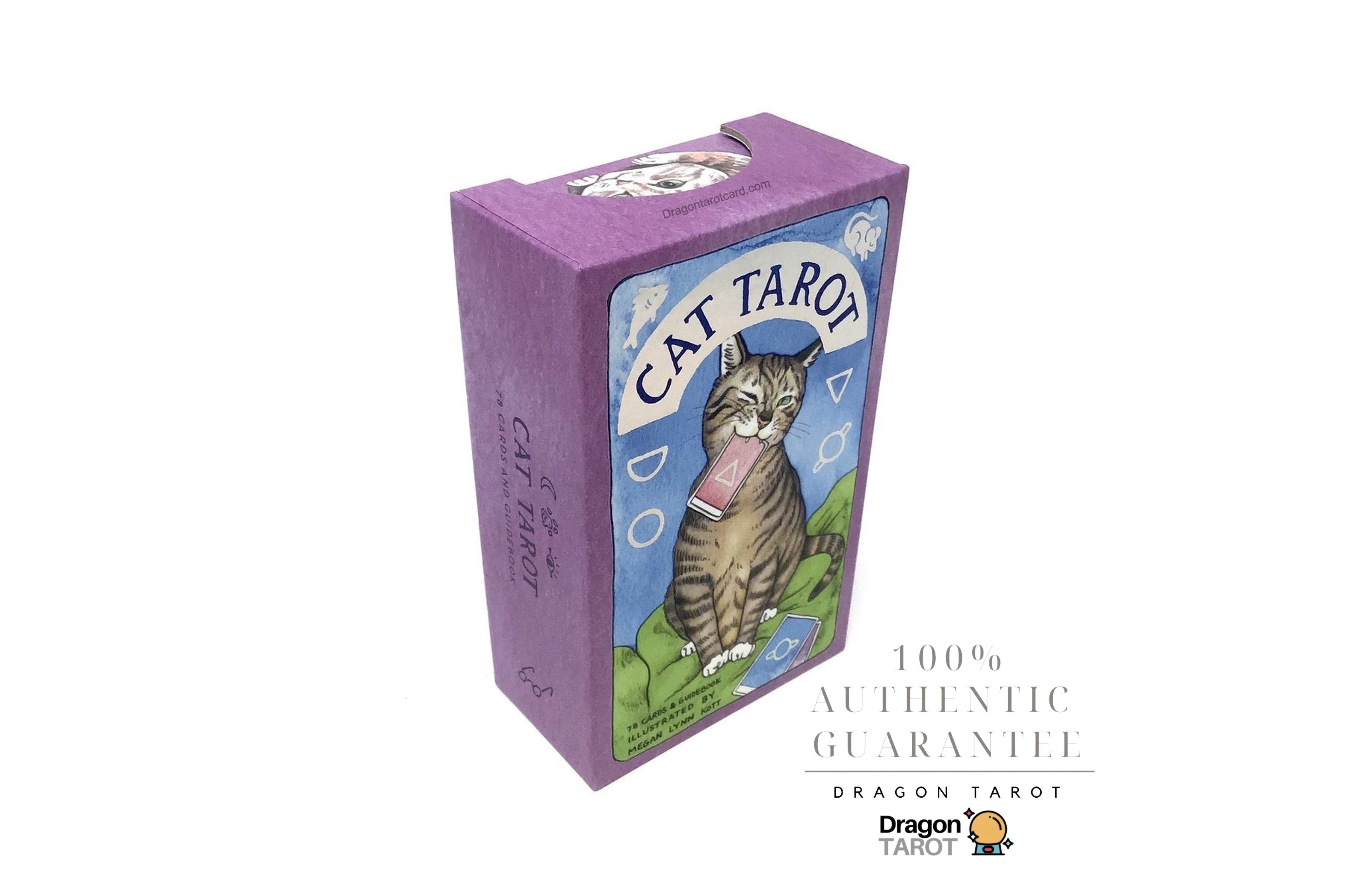 A purple box of Dragon Tarot Cat Tarot featuring an illustration of a tabby cat on the front, shown on a white background with promotional text and logos.