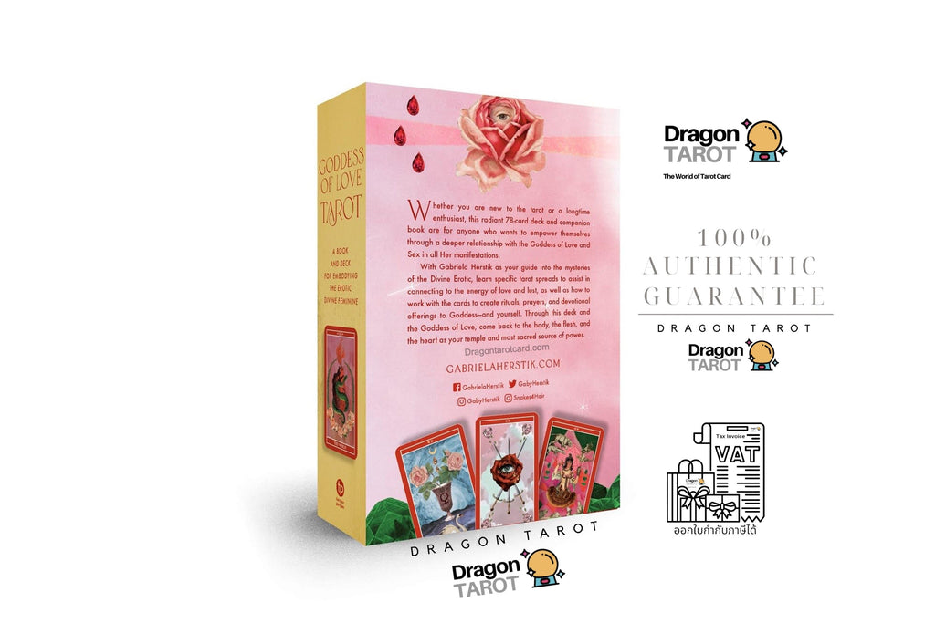 Dragon Tarot card deck box shown on a white background with promotional text and logos. The box is pink on the back with a rose illustration and card previews, and yellow on the side.