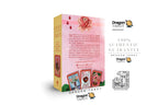 Dragon Tarot card deck box shown on a white background with promotional text and logos. The box is pink on the back with a rose illustration and card previews, and yellow on the side.