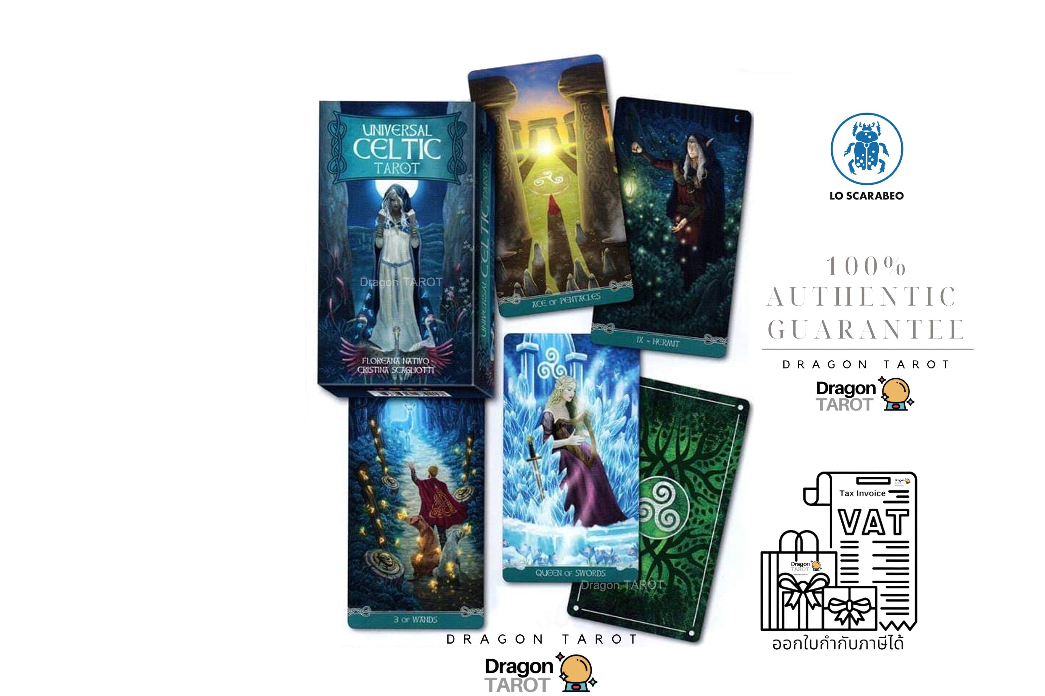 A promotional collage for the Dragon Tarot deck showing several illustrated tarot cards and boxes on a white background, with text including '100% Authentic Guarantee,' 'Dragon Tarot,' and a VAT receipt icon.