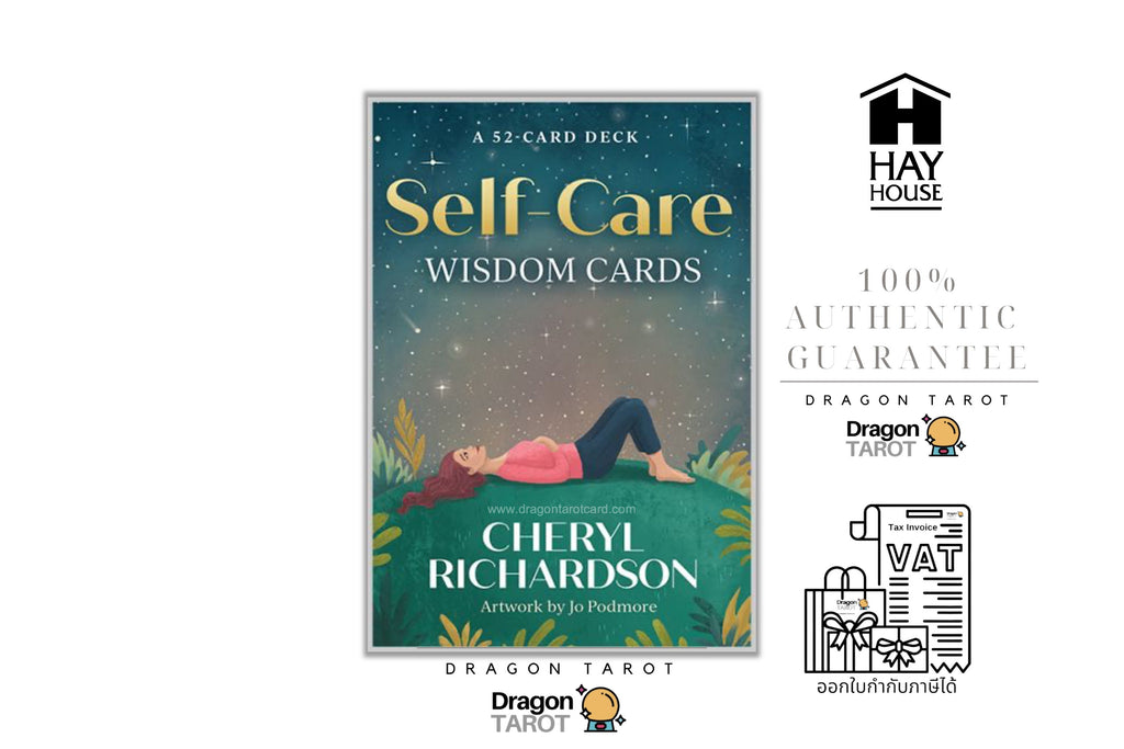 Self-Care Wisdom Cards deck box cover by Cheryl Richardson, displayed alongside Hay House and Dragon Tarot logos on a white background.