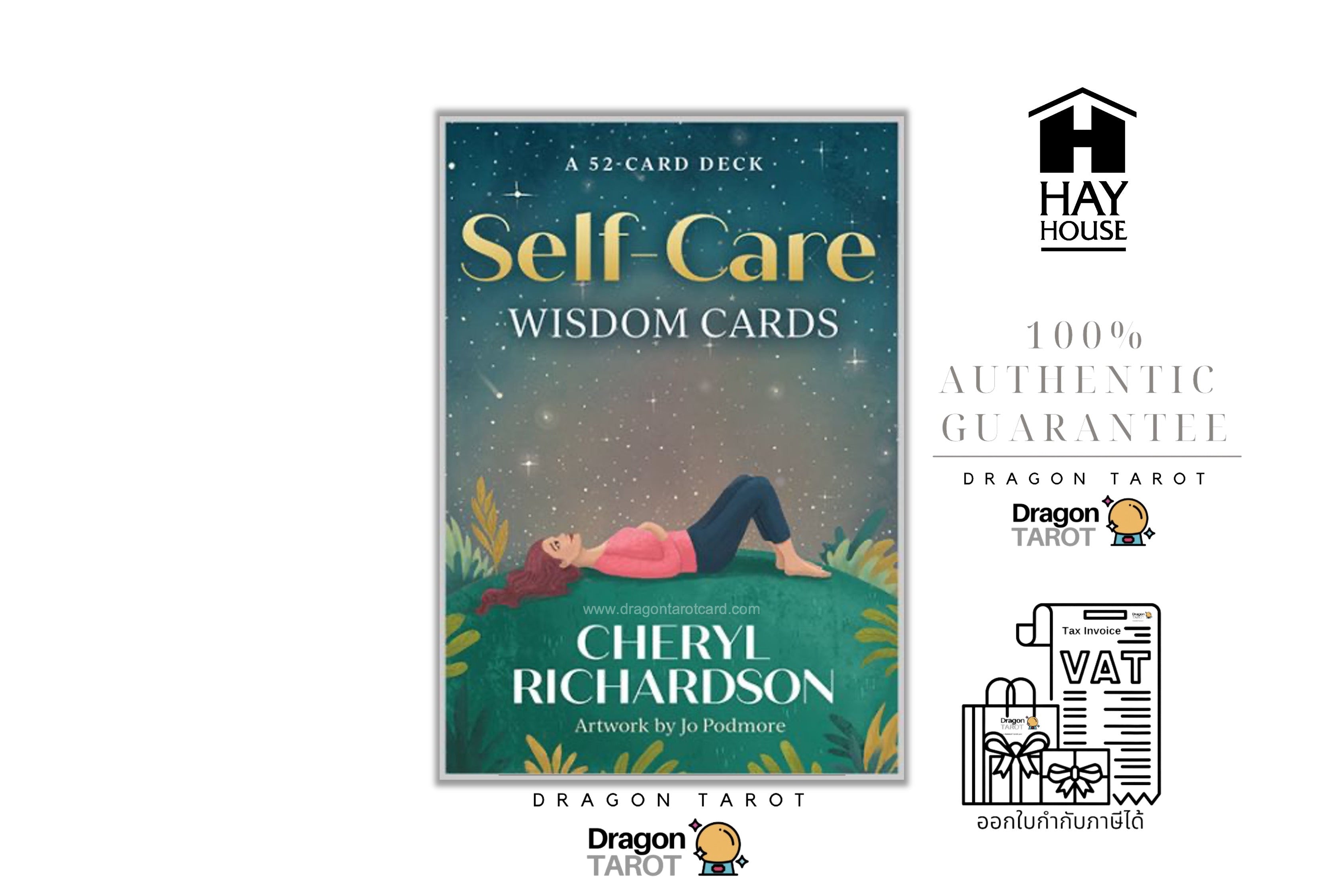 Self-Care Wisdom Cards deck box cover by Cheryl Richardson, displayed alongside Hay House and Dragon Tarot logos on a white background.