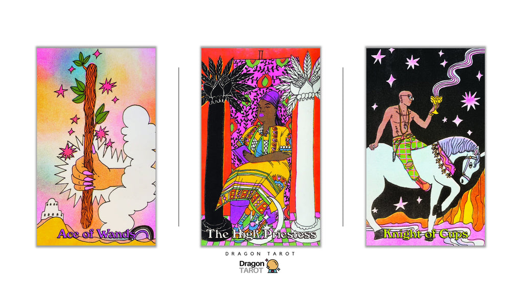 Three illustrated tarot cards shown side by side on a white background, with the Dragon Tarot logo centered below. The left card reads 'Ace of Wands,' the middle reads 'The High Priestess,' and the right reads 'Knight of Cups.