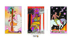 Three illustrated tarot cards shown side by side on a white background, with the Dragon Tarot logo centered below. The left card reads 'Ace of Wands,' the middle reads 'The High Priestess,' and the right reads 'Knight of Cups.