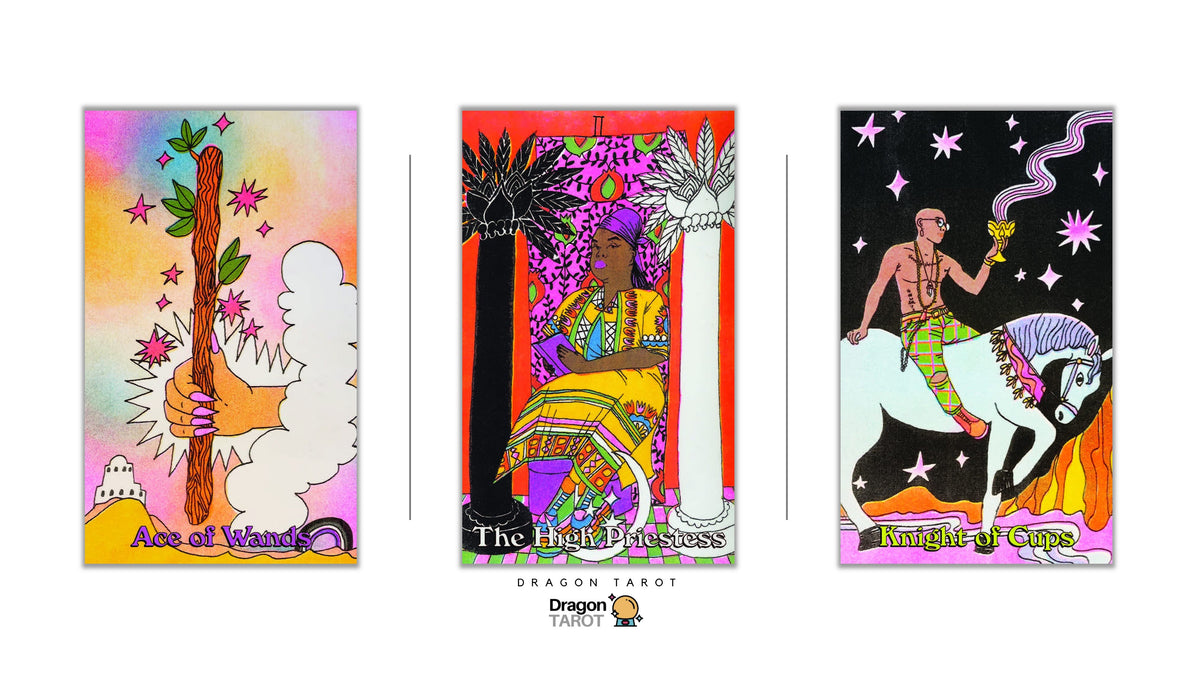 Three illustrated tarot cards shown side by side on a white background, with the Dragon Tarot logo centered below. The left card reads 'Ace of Wands,' the middle reads 'The High Priestess,' and the right reads 'Knight of Cups.