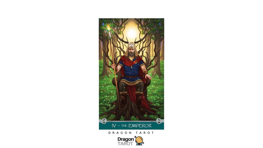 Dragon Tarot card 'IV - The Emperor' featuring an illustration of a crowned emperor seated on a throne in a forest, with the Dragon Tarot logo visible.