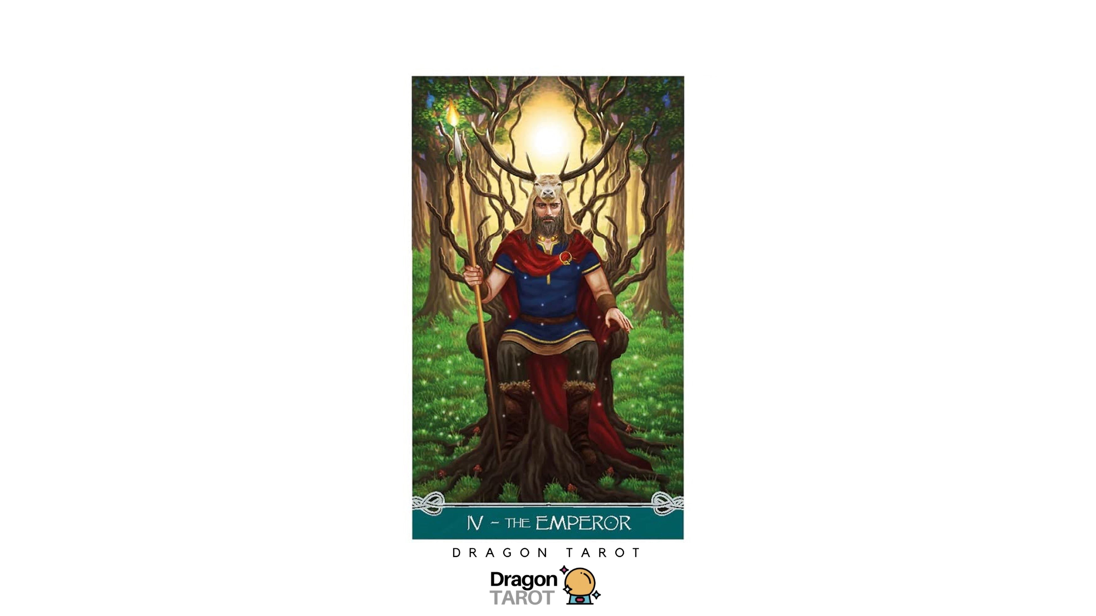 Dragon Tarot card 'IV - The Emperor' featuring an illustration of a crowned emperor seated on a throne in a forest, with the Dragon Tarot logo visible.