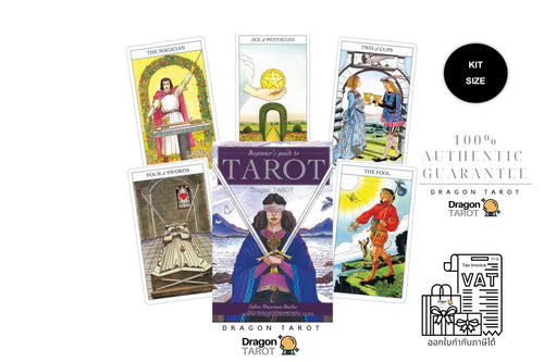 Dragon Tarot card kit display featuring a central 'The Fool' card surrounded by five other illustrated tarot cards, with text reading 'KUT SIZE', '100% AUTHENTIC GUARANTEE', and Dragon Tarot branding on a white background.