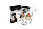 Dragon Tarot Friends themed playing cards set with a black and white illustrated box, two cards shown in front, and promotional text on a white background.