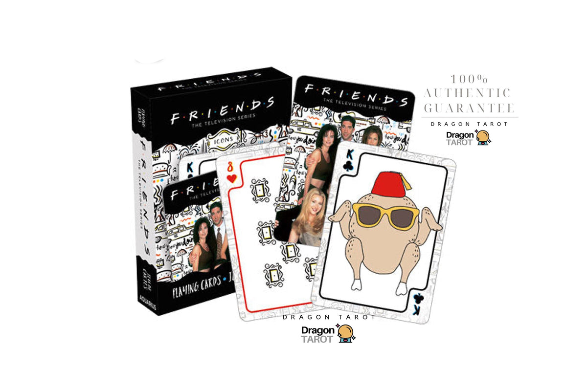 Dragon Tarot Friends themed playing cards set with a black and white illustrated box, two cards shown in front, and promotional text on a white background.