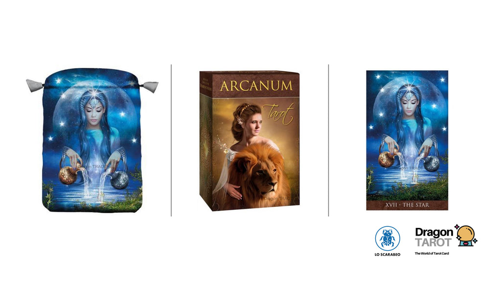 A tarot card deck set shown on a white background, including a padded carrying pouch with a blue illustrated cover, the main box labeled 'Arcanum Tarot', a single tarot card, and Dragon Tarot logos at the bottom right.