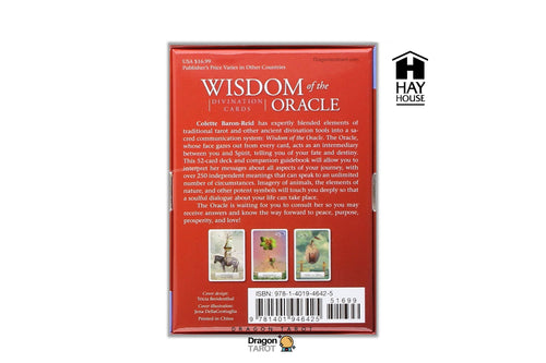 The back cover of the 'Wisdom of the Oracle' Tarot card deck, featuring a red-orange background with white text, product descriptions, and three small illustrations. The image is presented on a white background with various seller watermarks and social media icons.