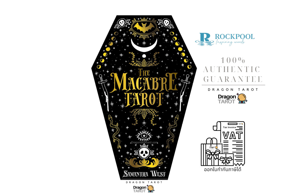 A coffin-shaped tarot card deck box labeled 'The Macabre Tarot' on a white background, with 'Dragon Tarot' and 'Rockpool' branding and guarantee text shown alongside.