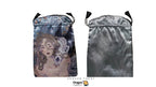 Two Dragon Tarot drawstring pouches shown side by side on a white background. The left pouch features a dark fantasy illustration of a woman with a skull and chain, while the right pouch is a plain metallic silver satin material.