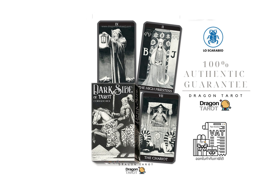 Four Dragon Tarot cards displayed vertically on a white background with promotional text, logos, and icons including Facebook, LO SCAMBIRO, 100% AUTHENTIC GUARANTEE, and Dragon Tarot.