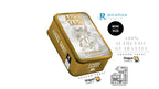 A gold rectangular metal tin labeled 'Angel Tarot' and 'Mini Size' shown on a white background with several brand and guarantee logos around it, including Dragon Tarot, Rockpool, and a 100% authentic guarantee badge.