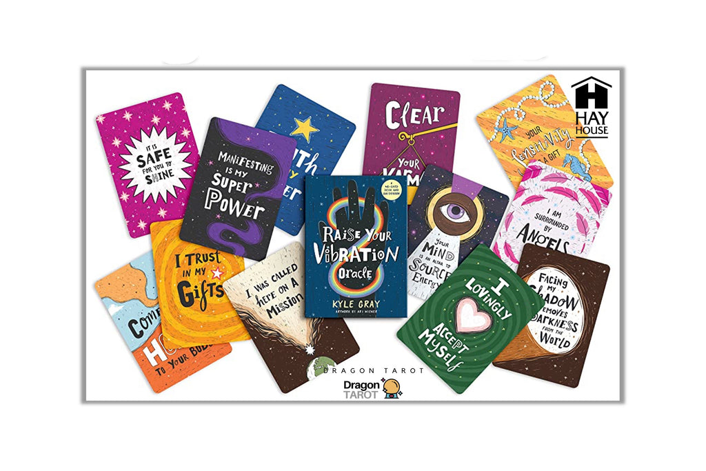 A collage of colorful oracle card backs and front designs from the Dragon Tarot Oracle deck, displayed on a white background with a central shadowed rectangle and small brand/social marks above.