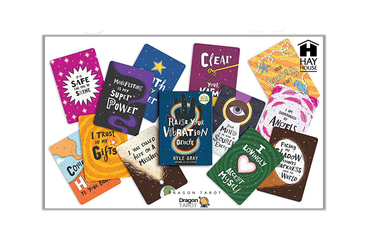 A collage of colorful oracle card backs and front designs from the Dragon Tarot Oracle deck, displayed on a white background with a central shadowed rectangle and small brand/social marks above.