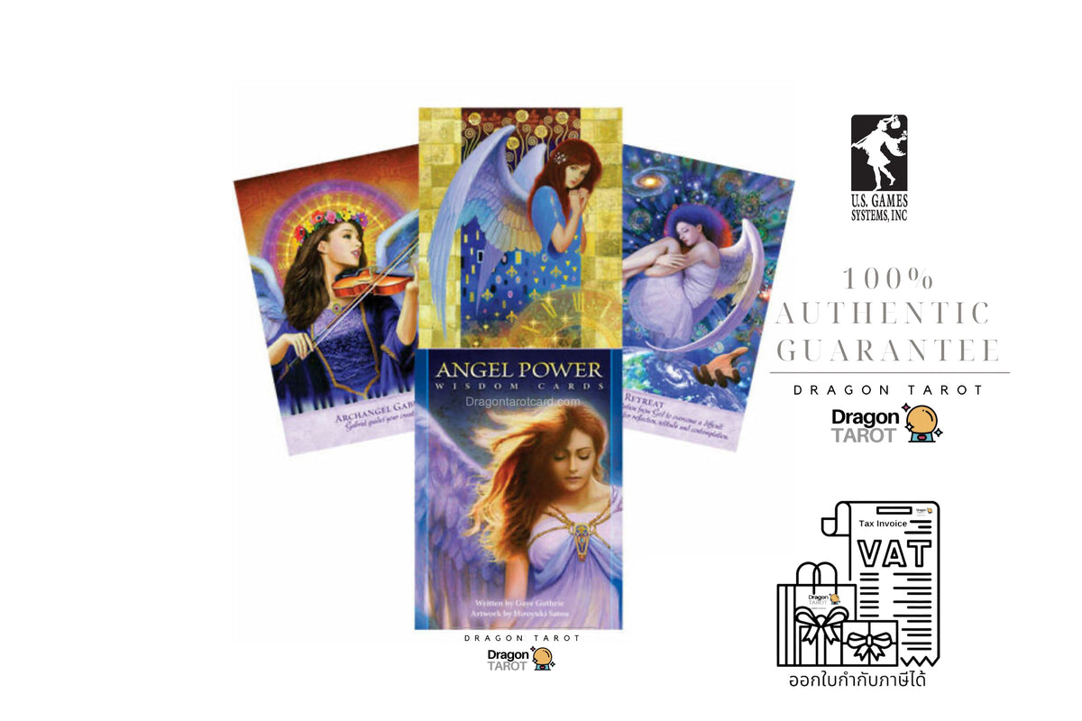 Three Dragon Tarot card decks fanned out on a white background, alongside brand logos, a '100% Authentic Guarantee' badge, and a VAT refund illustration.