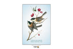 A vertical art print featuring an illustration of two chickadees perched on a branch with red berries against a pale blue background. The print includes the text 'CHICKADEE' and 'Industry, leadership, wisdom' with a small Dragon Tarot logo at the bottom.