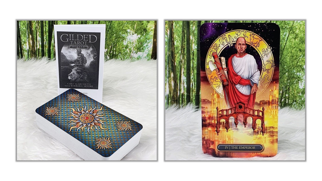 A tarot deck shown in two views on a white faux-fur surface with a bamboo forest backdrop. The left panel shows the box standing upright with the card back visible, and the right panel shows the front of a tarot card featuring a robed figure in a circular frame.