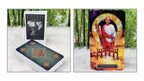 A tarot deck shown in two views on a white faux-fur surface with a bamboo forest backdrop. The left panel shows the box standing upright with the card back visible, and the right panel shows the front of a tarot card featuring a robed figure in a circular frame.