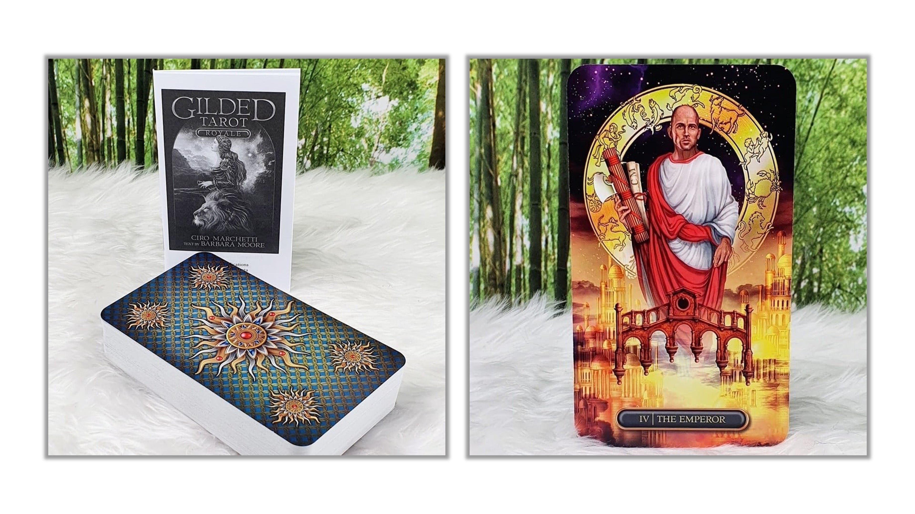 A tarot deck shown in two views on a white faux-fur surface with a bamboo forest backdrop. The left panel shows the box standing upright with the card back visible, and the right panel shows the front of a tarot card featuring a robed figure in a circular frame.