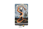 A single illustrated tarot card centered on a light gray background. The card shows a stylized snake wrapping around a glowing orb above a landscape, with the text '0 THE INNOCENT' at the bottom.