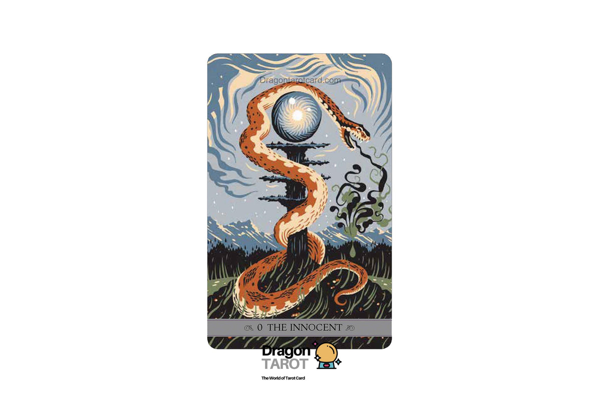 A single illustrated tarot card centered on a light gray background. The card shows a stylized snake wrapping around a glowing orb above a landscape, with the text '0 THE INNOCENT' at the bottom.