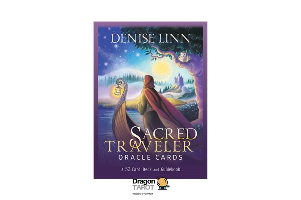 Front cover of the 'Sacred Traveler Oracle Cards' deck by Denise Linn, featuring a mystical illustration of a traveler under a glowing moonlit sky. The image is centered on a white background with social media and publisher logos.
