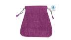 A purple velvet tarot card storage pouch with black drawstrings, shown against a plain white background with brand logos at the top.