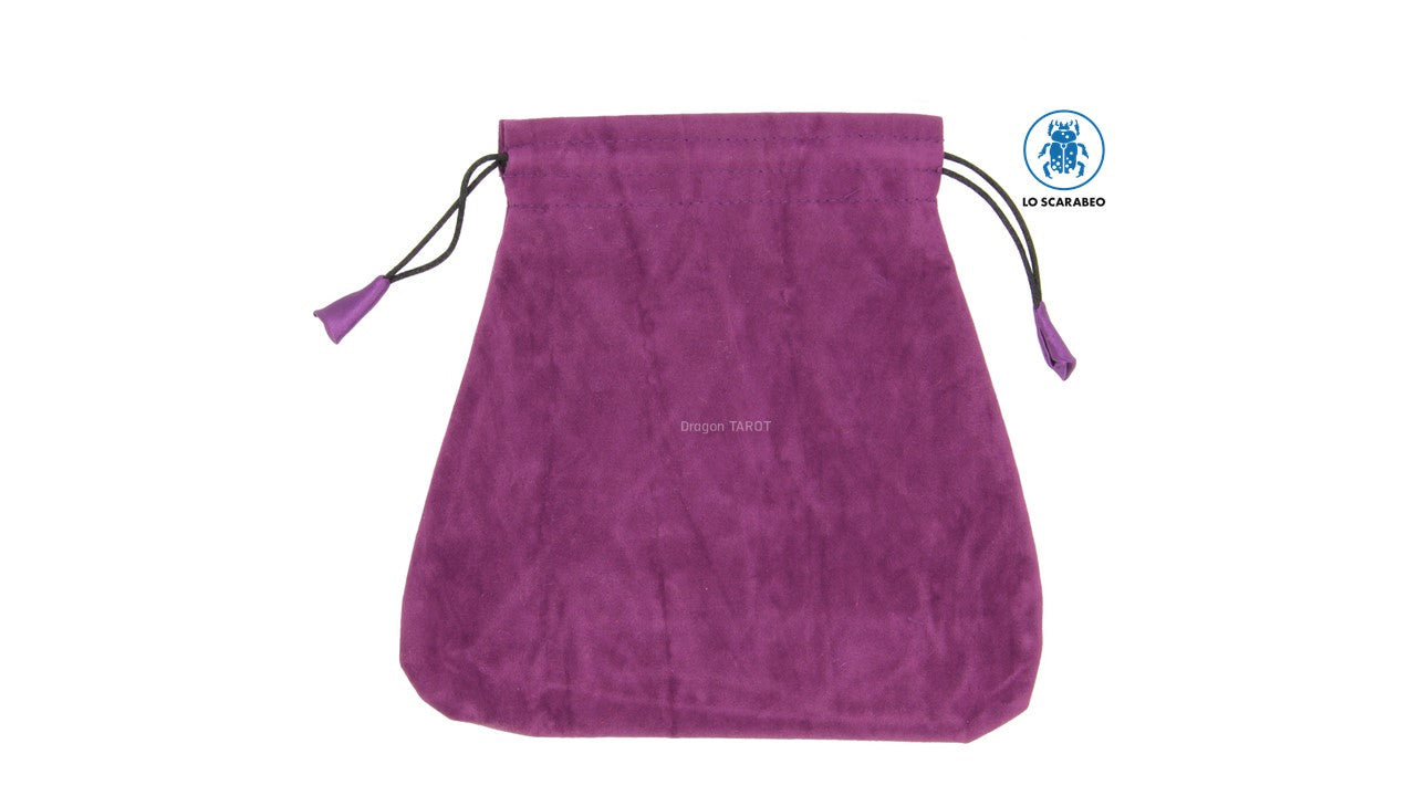 A purple velvet tarot card storage pouch with black drawstrings, shown against a plain white background with brand logos at the top.