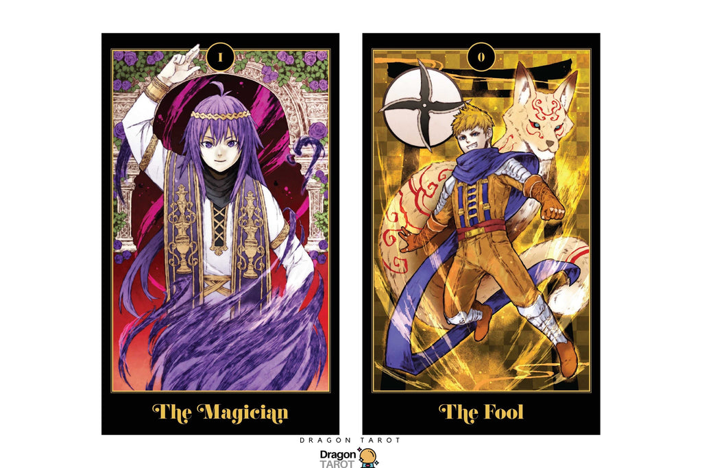 Two illustrated tarot cards shown side by side on a white background: 'The Magician' on the left with a purple-haired figure in ornate clothing, and 'The Fool' on the right with a fox-eared figure in a gold outfit. A small 'Dragon Tarot' mark appears below the cards.