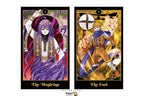 Two illustrated tarot cards shown side by side on a white background: 'The Magician' on the left with a purple-haired figure in ornate clothing, and 'The Fool' on the right with a fox-eared figure in a gold outfit. A small 'Dragon Tarot' mark appears below the cards.