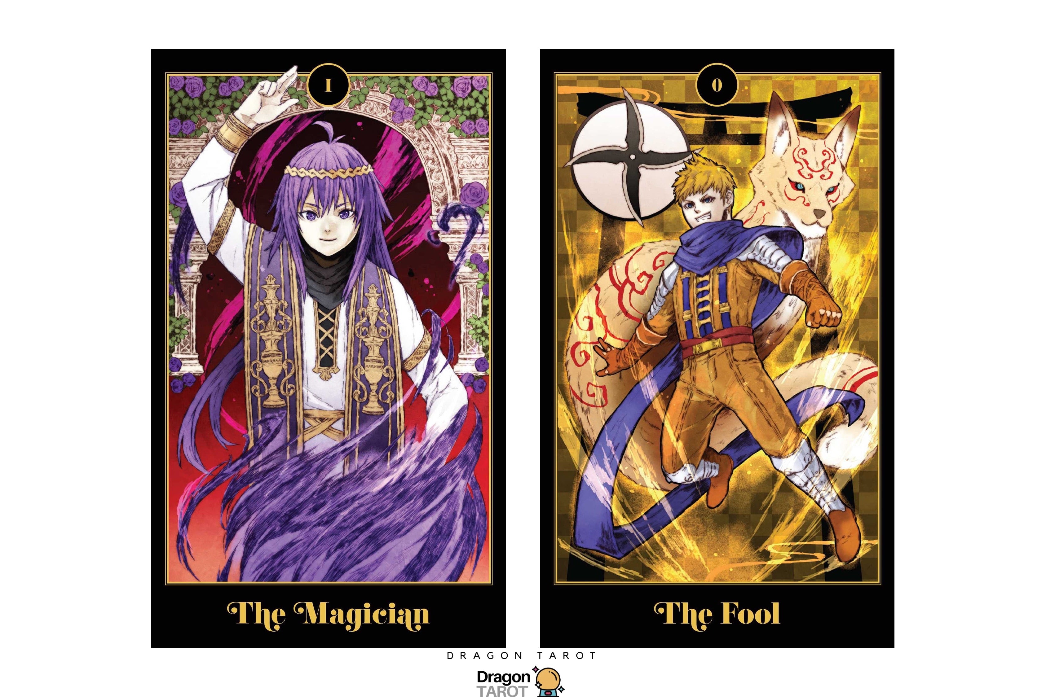 Two illustrated tarot cards shown side by side on a white background: 'The Magician' on the left with a purple-haired figure in ornate clothing, and 'The Fool' on the right with a fox-eared figure in a gold outfit. A small 'Dragon Tarot' mark appears below the cards.