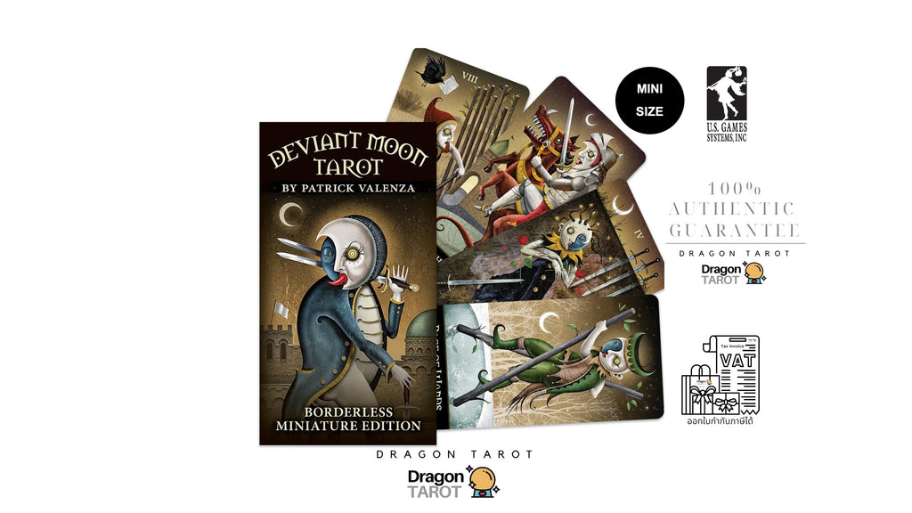 Dragon Tarot Deviant Moon Tarot by Patrick Valenza mini edition card deck packaging and sample cards, shown on a white background with brand logos, size badge, and guarantee icons.