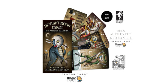 Dragon Tarot Deviant Moon Tarot by Patrick Valenza mini edition card deck packaging and sample cards, shown on a white background with brand logos, size badge, and guarantee icons.