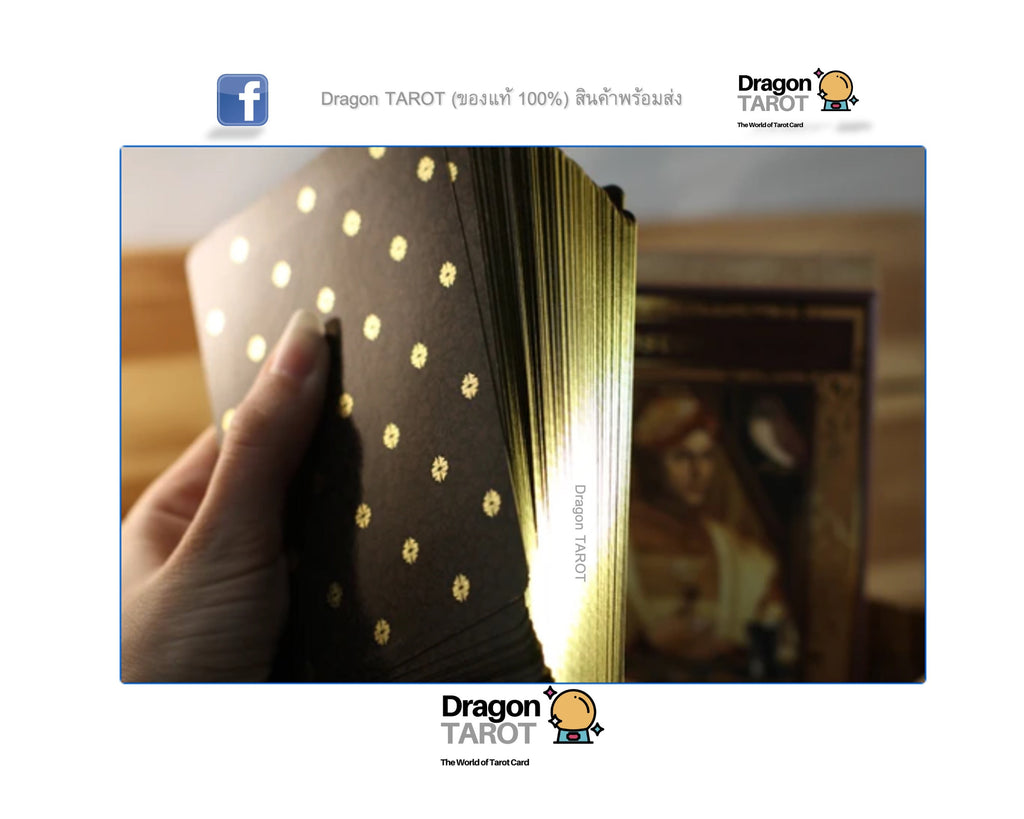 A hand holding a deck of Dragon Tarot cards, showing the black card backs with gold circular symbols and the gold-toned edges of the deck. The image is presented on a white background with Dragon Tarot logos and a Facebook icon at the top and bottom.