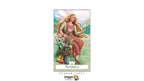 A tarot card titled 'The Empress' shown centered on a white background, with the Dragon Tarot logo below. The card features an illustrated woman with long blonde hair seated beside a pot of flowers and fruit in a soft pastel landscape.