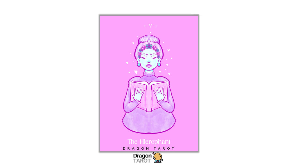 A pink tarot card illustration featuring a stylized woman reading a book, labeled 'The Microphiar' under 'Dragon Tarot'. The card is centered on a white background with Dragon Tarot branding at the top and bottom.
