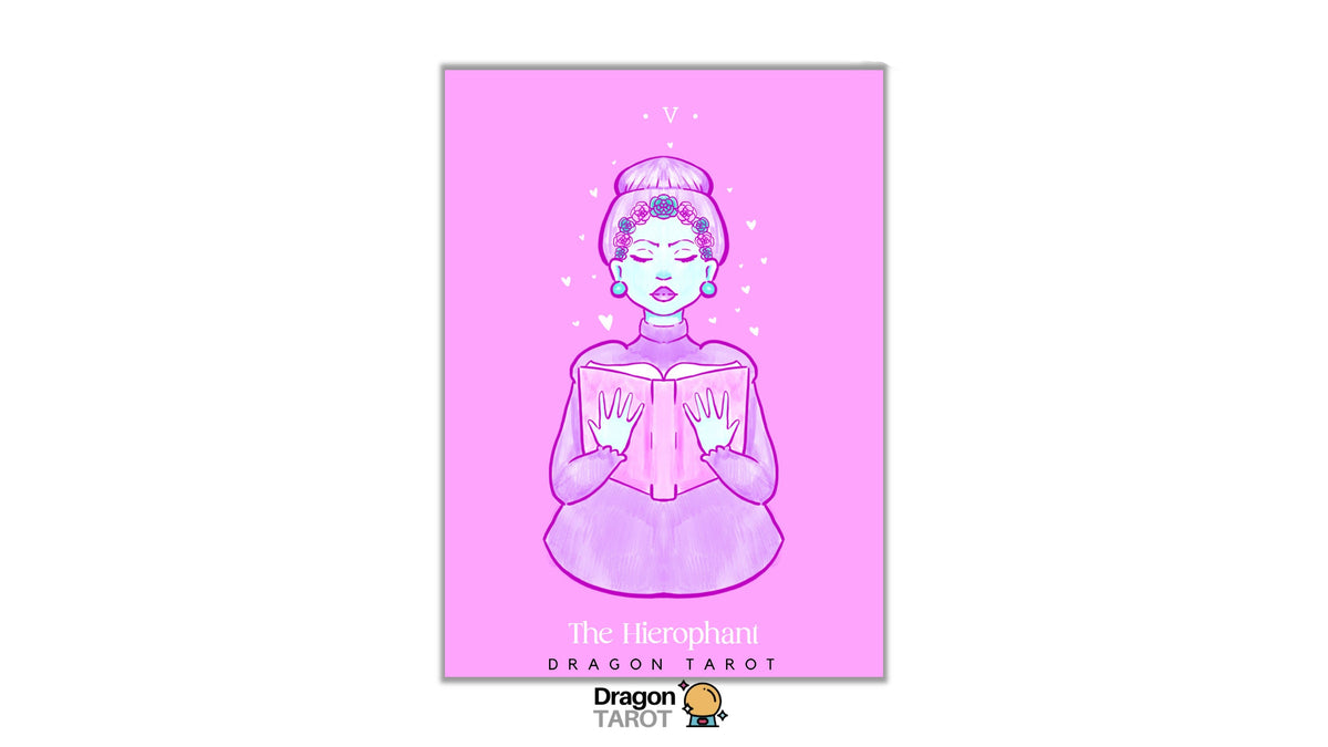 A pink tarot card illustration featuring a stylized woman reading a book, labeled 'The Microphiar' under 'Dragon Tarot'. The card is centered on a white background with Dragon Tarot branding at the top and bottom.