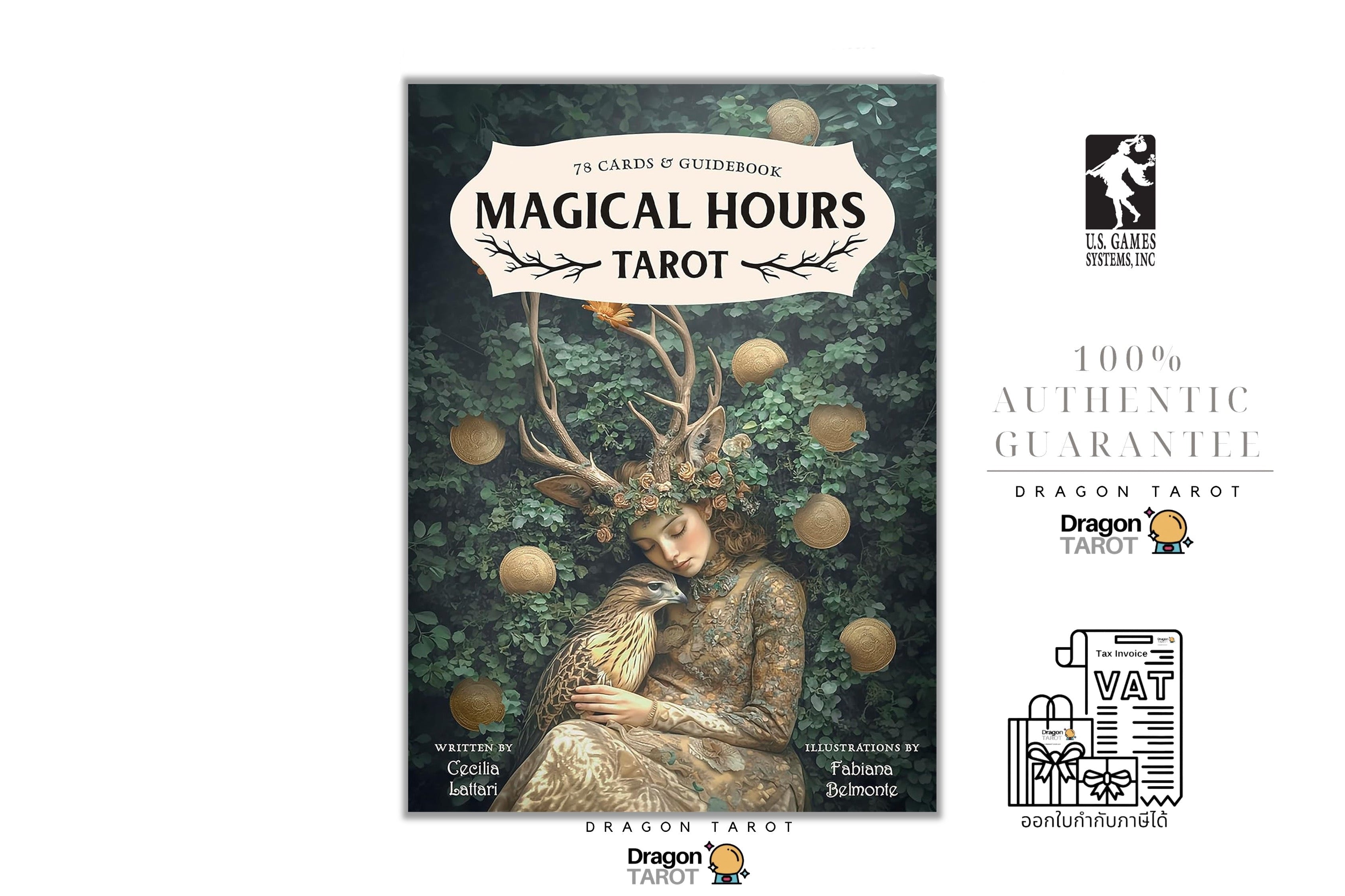 Dragon Tarot 'Magical Hours Tarot' guidebook cover centered on a white background, with surrounding logos and text including '100% Authentic Guarantee' and 'Dragon Tarot' branding.