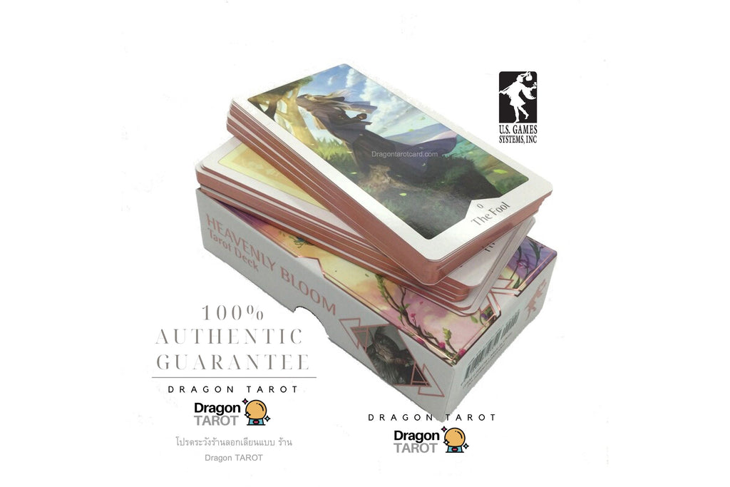 A stack of Dragon Tarot cards with illustrated card backs and a branded logo, shown on a clean white background with promotional text reading '100% Authentic Guarantee' and 'Dragon Tarot'.