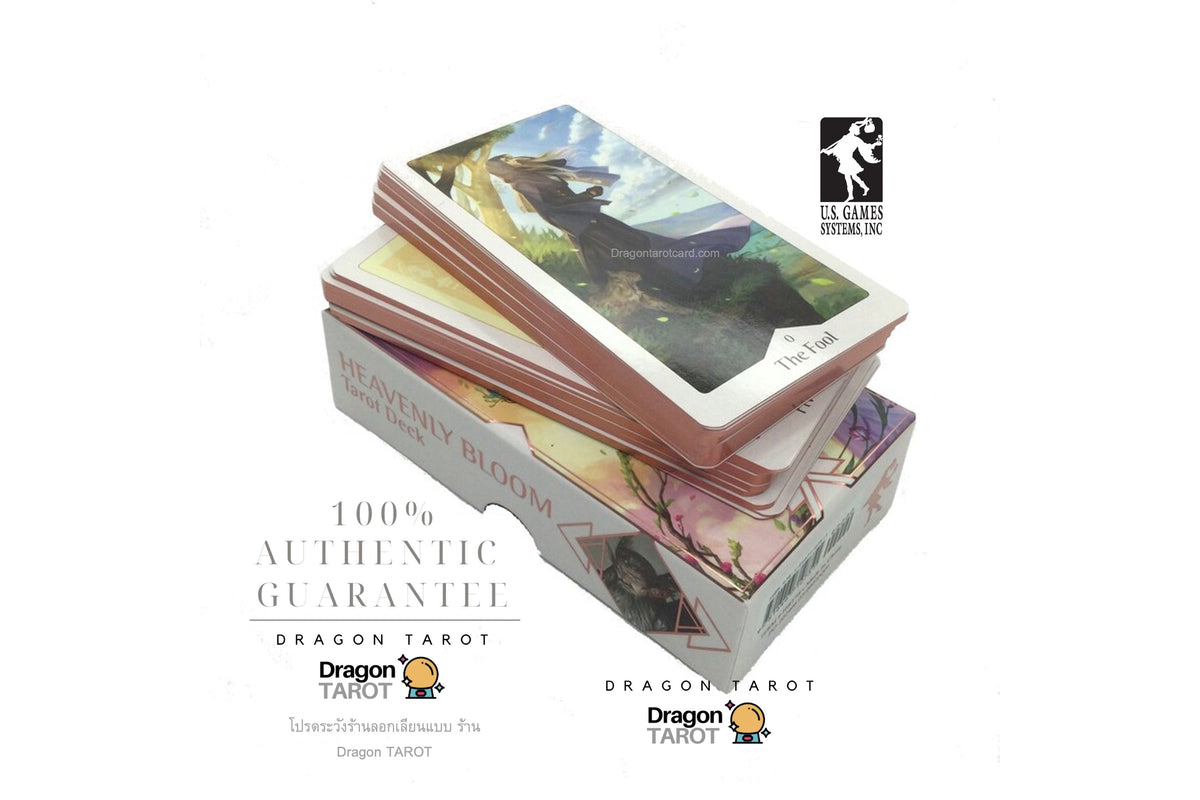 A stack of Dragon Tarot cards with illustrated card backs and a branded logo, shown on a clean white background with promotional text reading '100% Authentic Guarantee' and 'Dragon Tarot'.